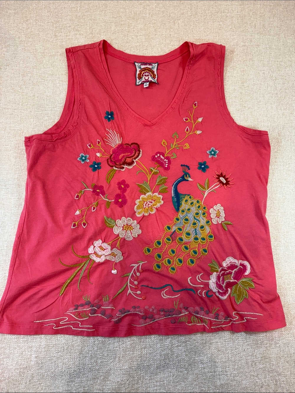 Johnny Was Celina Coral Pink Raw Edge Embroidered Peacock Tank